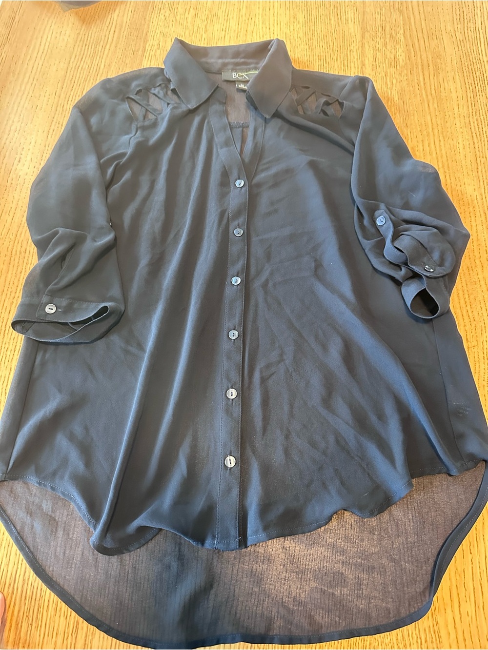 BCX Dark Navy Button-Down Shirt with Shoulder Cutouts
